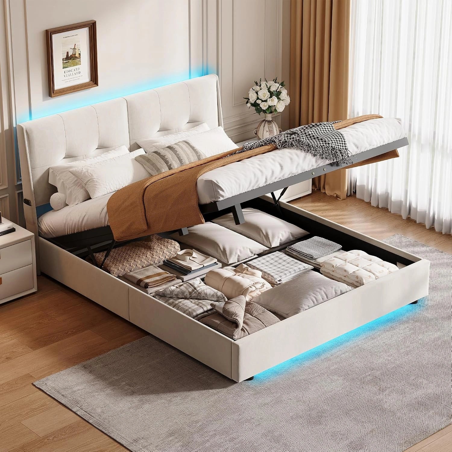 Lit Coffre 160x200 cm avec LED, Hydraulique Cadre de Lits Double Rembourré sous 2 Personnes pour Adultes et Adolescents