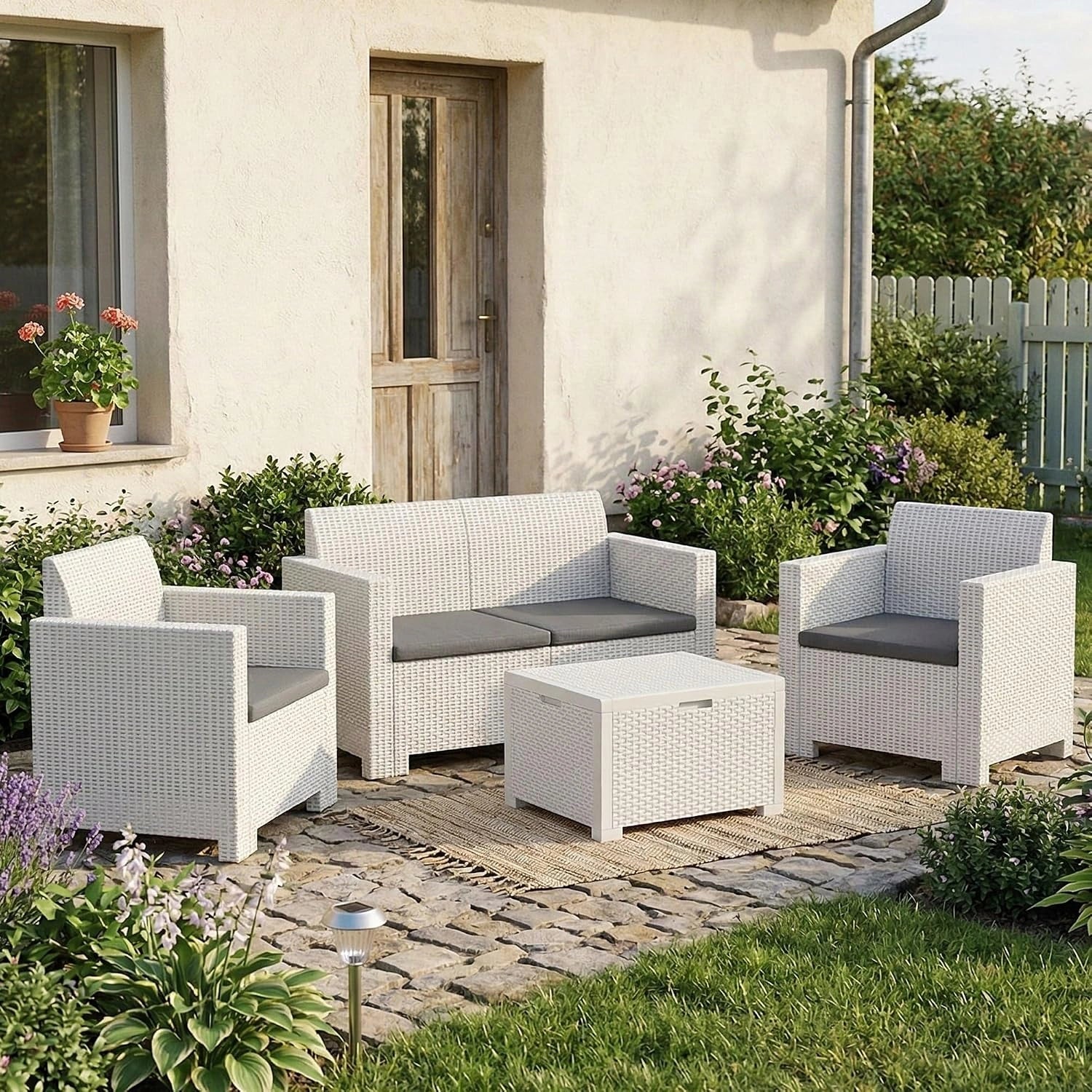 Dmora - Ensemble de Salon d'extérieur Venere, Blanc, 100% Made in Italy, Salon de Jardin avec Coussins, Salon d'intérieur Effet rotin