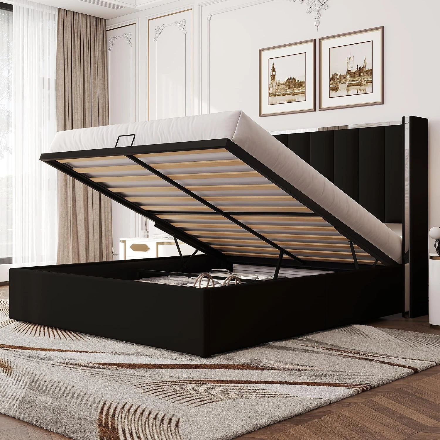 LUXOAK Lit Coffre 140 x 200 cm avec Sommier à Lattes, Noir, Tête de Lit 115 cm de Haut Miroir Chromé, Mécanisme de Levage Hydraulique, Velours Premium