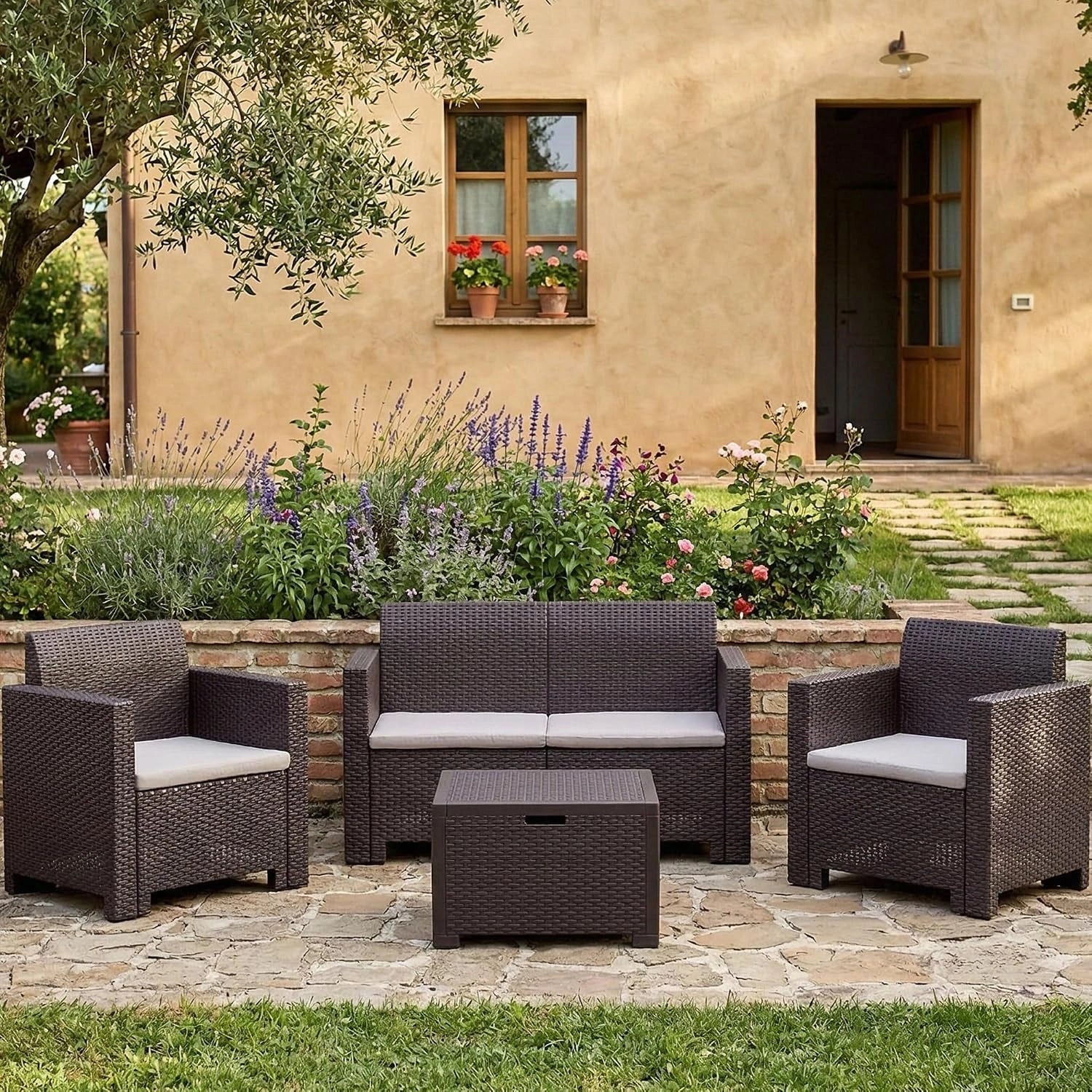 Dmora - Ensemble de Salon d'extérieur Venere, 100% Made in Italy, Ensemble de Jardin avec Coussins, Ensemble de Salon d'intérieur Effet rotin, Marron