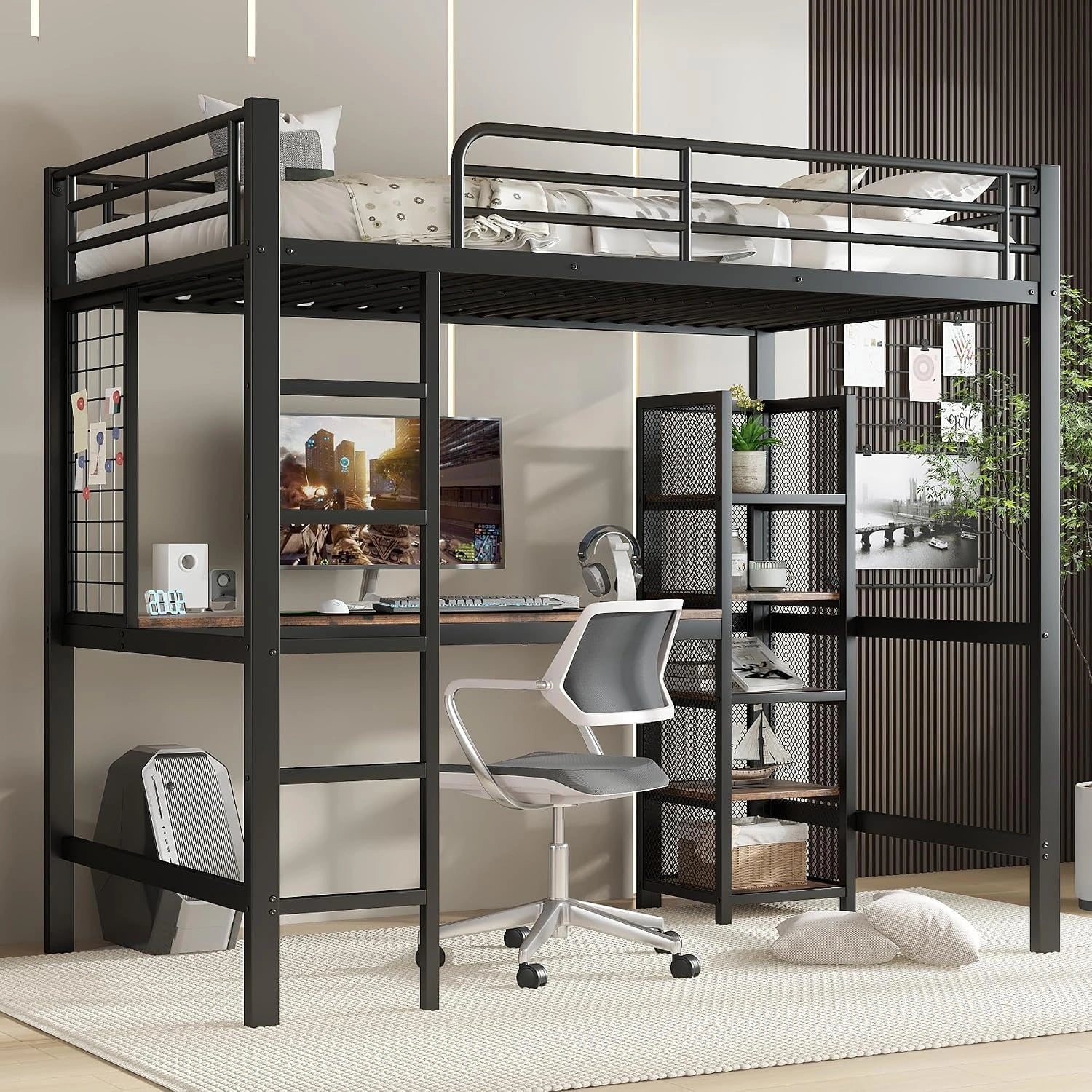 ModernLuxe Lit Mezzanine Enfant et Adolescent 90x200 cm, Noir + Bois Foncé, Étagère à 5 Niveaux, Hochbett Eisenbett avec Bureau, Métal + MDF
