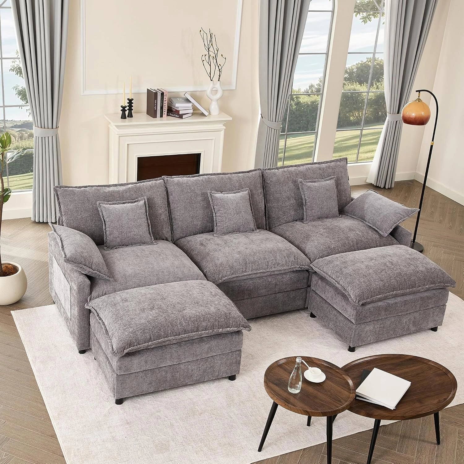 Canapé d'Angle Modulable en U 274 cm, Meuble de Salon Moderne (Gris), 3 Places avec Repose-Pieds Amovible, Tissu chenille, assemblage requis