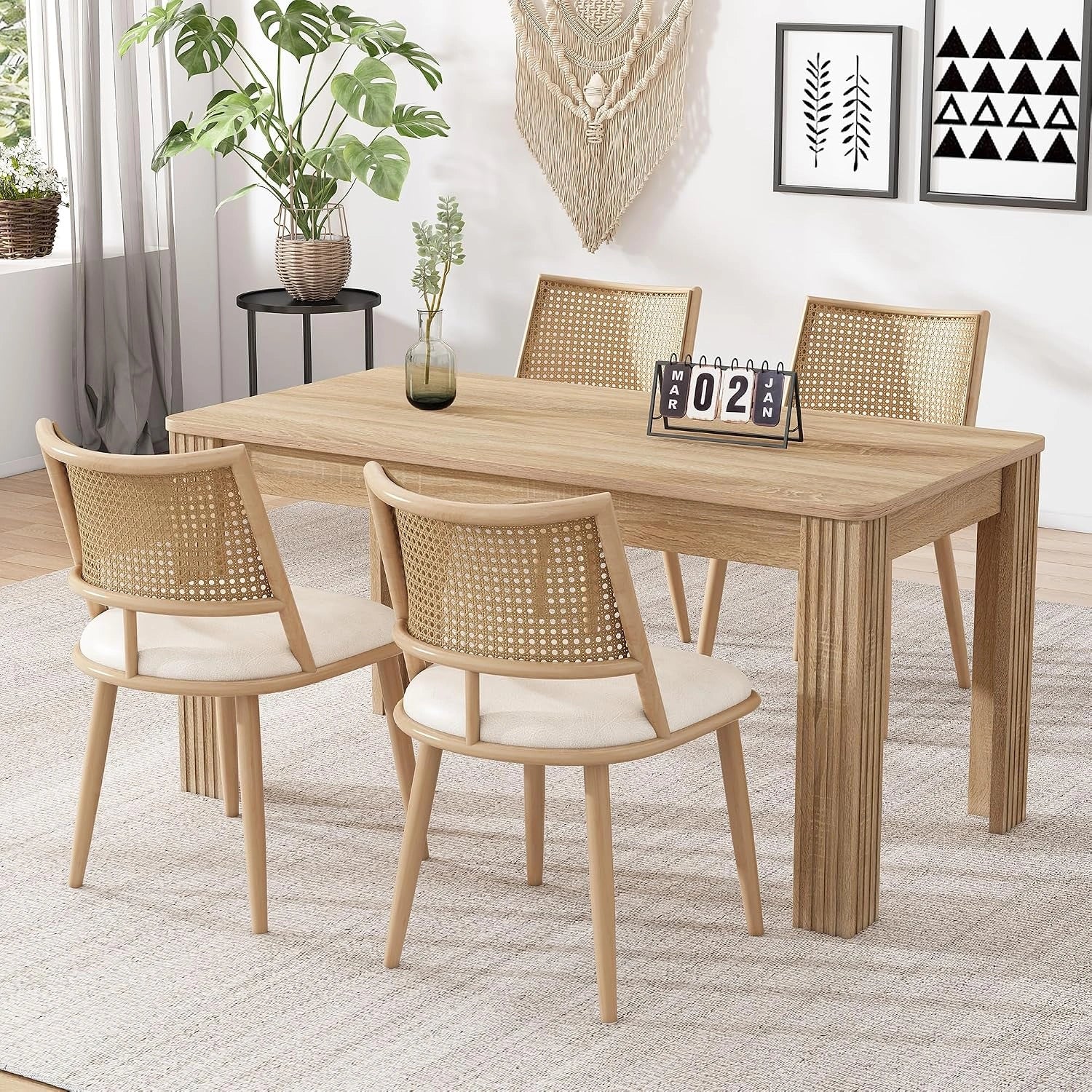 Merax Lot de 4 Chaises de Salle à Manger, Beige, Chaises de Cuisine avec Siège en Polyuréthane et Dossier en Rotin, Salon et Chambre à Coucher