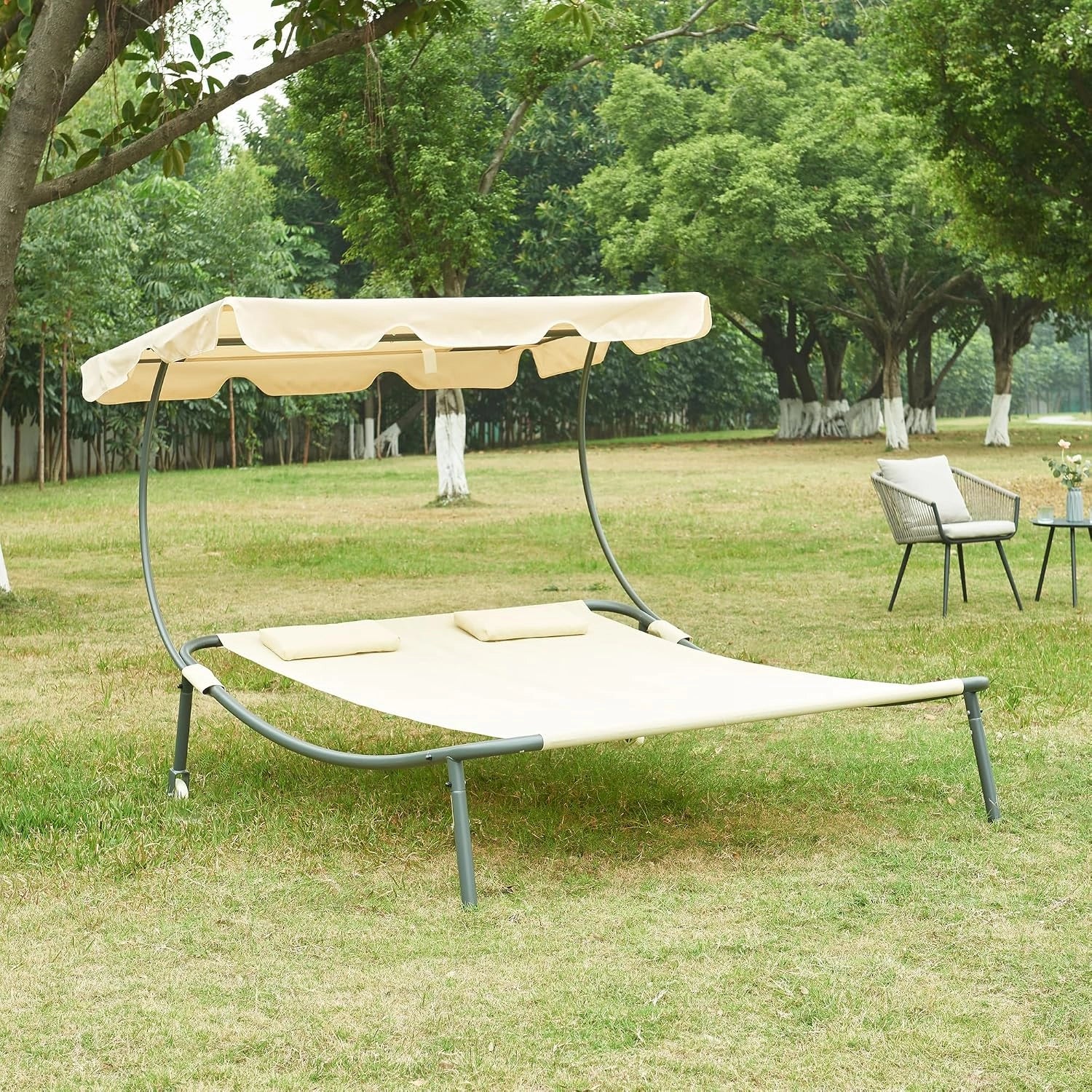 casa.pro Chaise Longue Double avec Auvent Réglable Transat pour 2 Personnes avec Coussins Lit de Repos Bain de Soleil pour Extérieur Acier Laqué