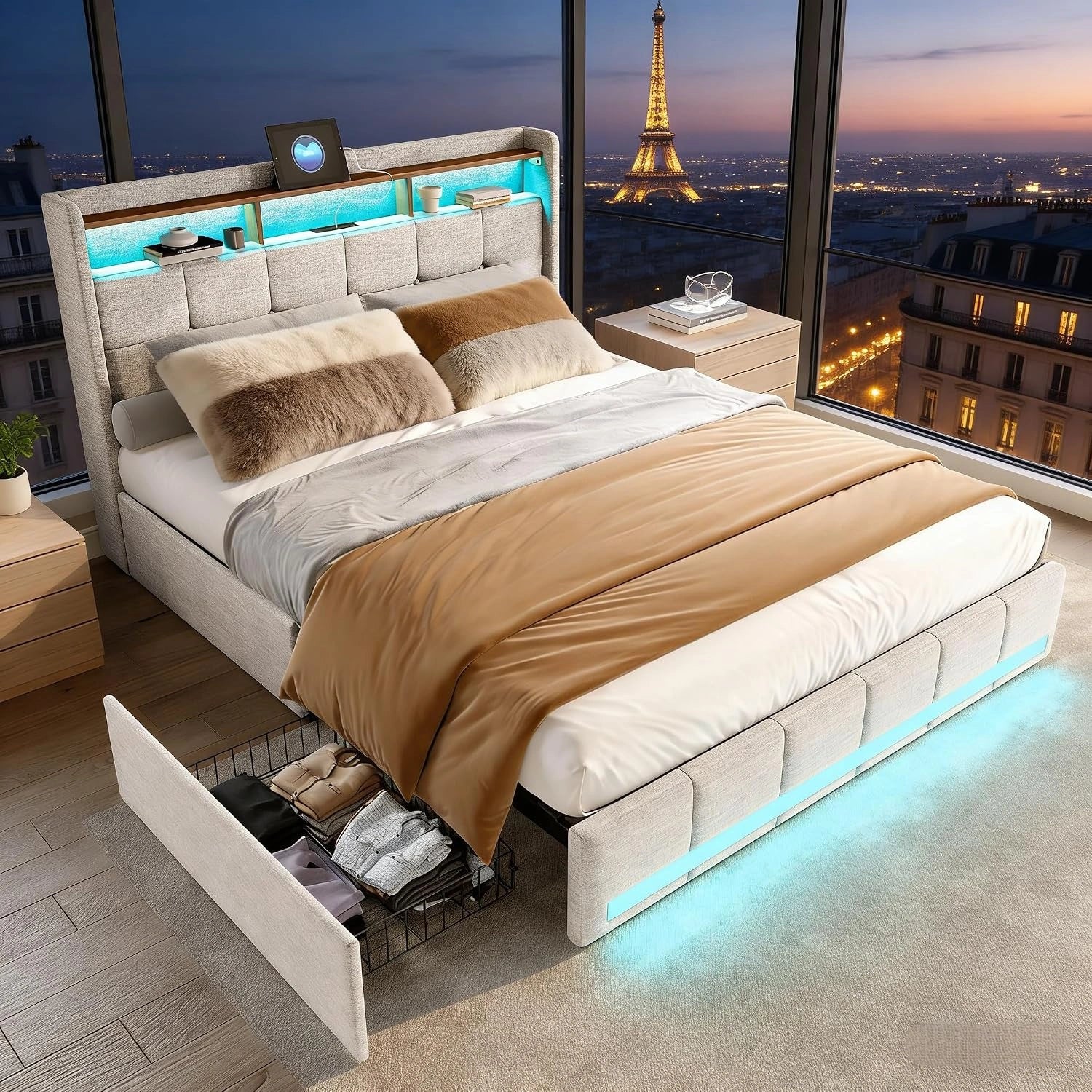 Lit 160x200 avec Sommier et LED, Cadre de Lit Adulte avec 4 Tiroirs de Rangement, 2 USB et 1 Type-C, Tête de Lit avec Étagère