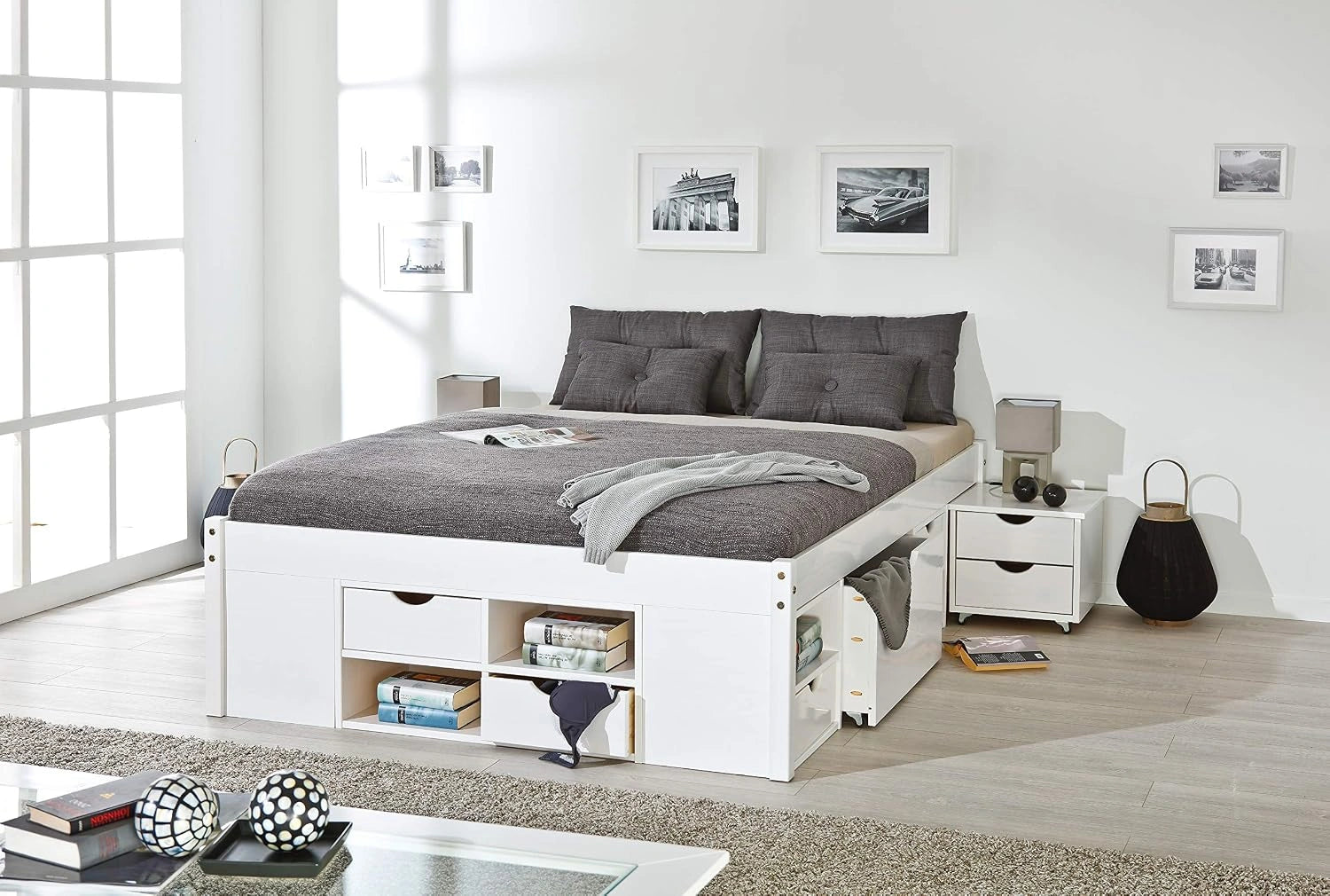 Inter Link - Lit Double Multifonction avec Rangements et Tables de Chevet - 6 Tiroirs